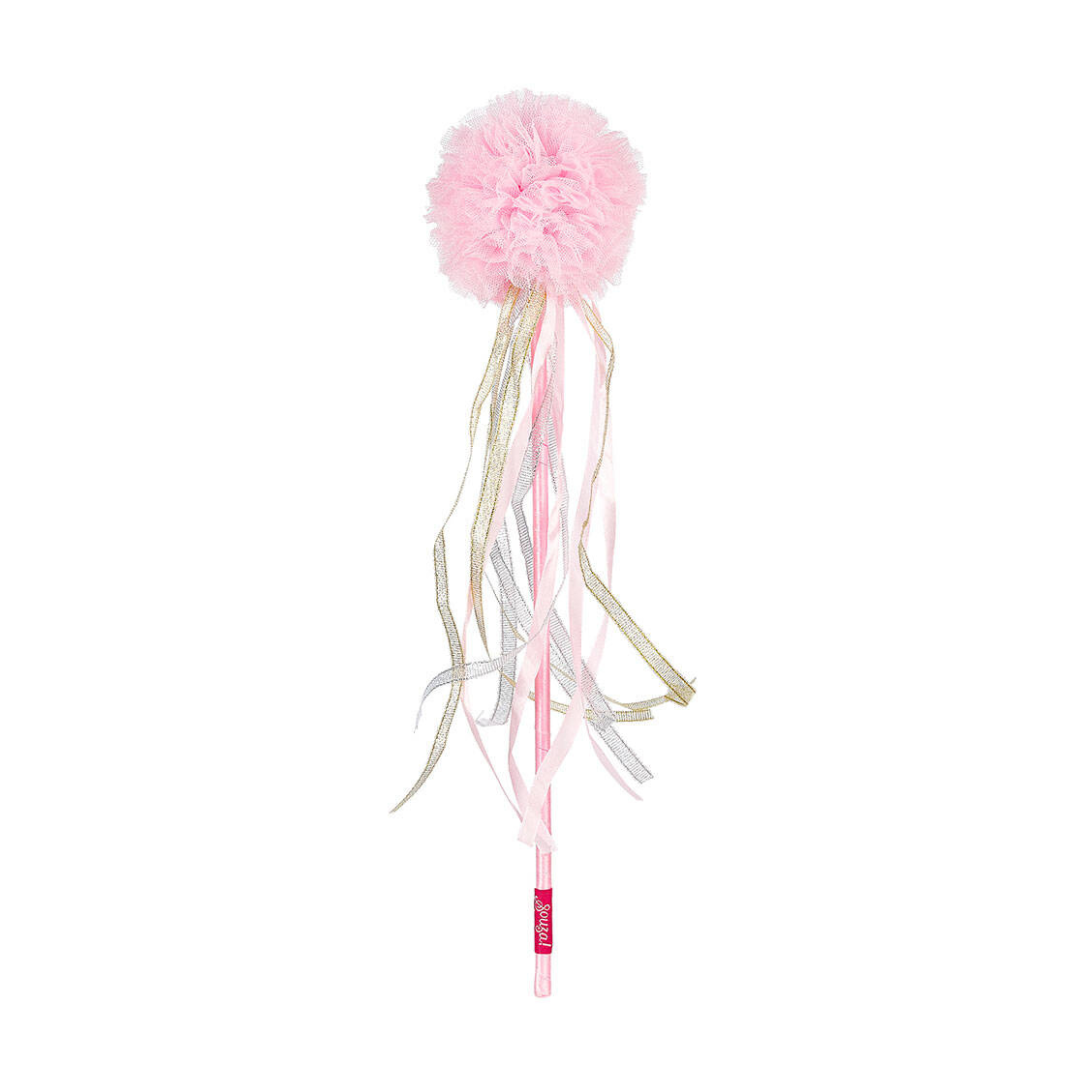 Varinha decorativa rosa com bola de tule e fitas cintilantes