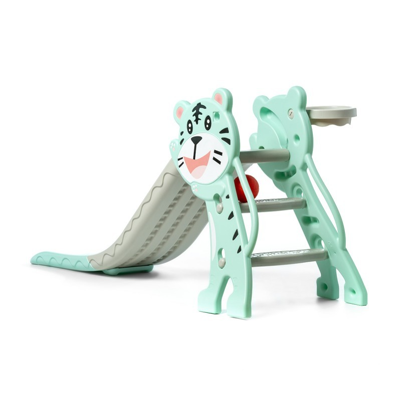 Escorrega infantil verde-água com face de tigre decorativa