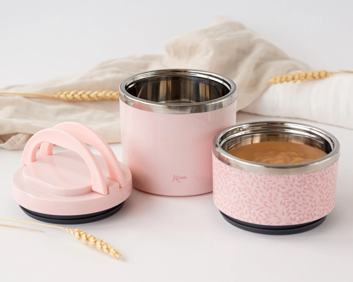 Conjunto de recipientes térmicos rosa em aço inoxidável com tampa e padrão de folhas