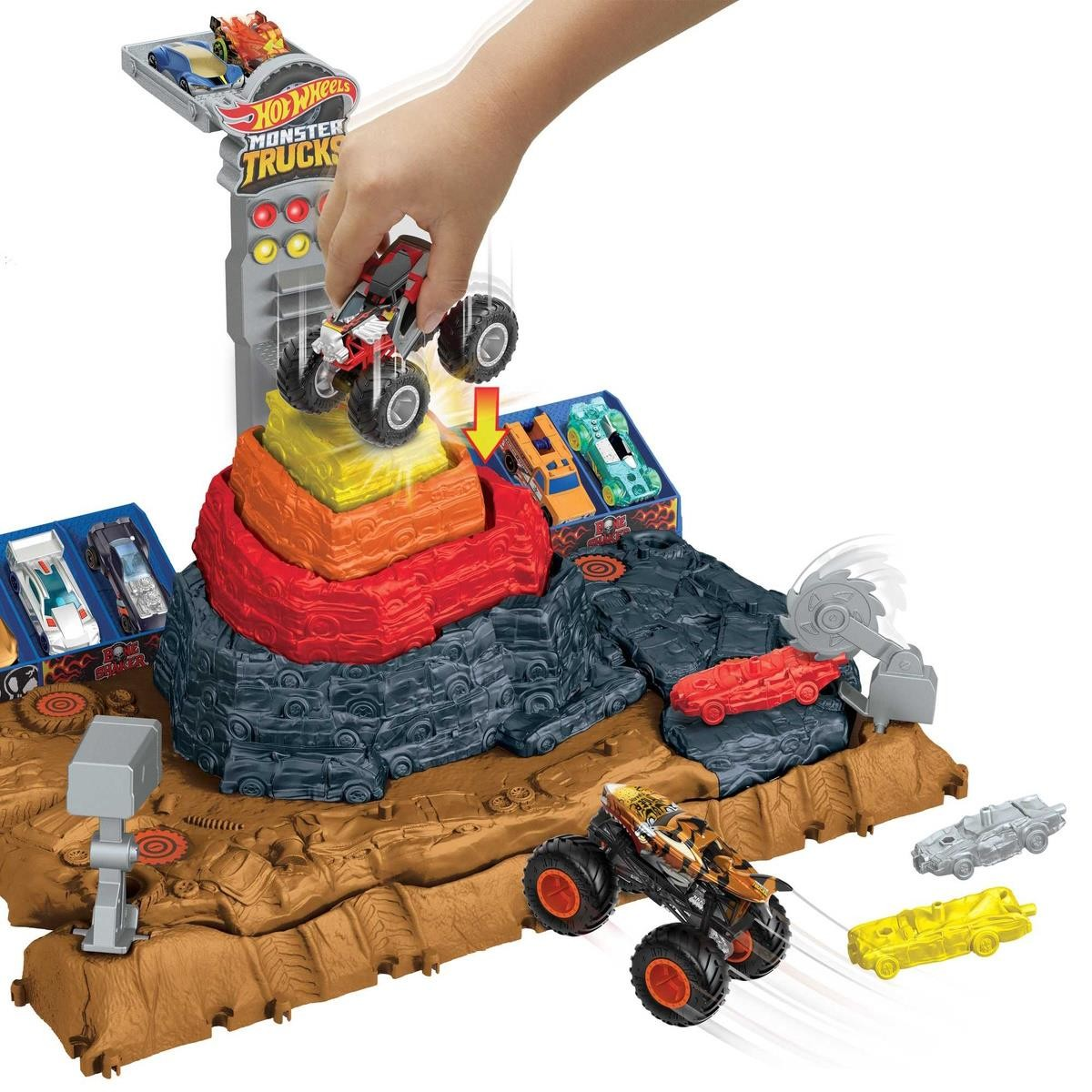 Brinquedo Hot Wheels Monster Trucks com cenário colorido e carrinhos pequenos