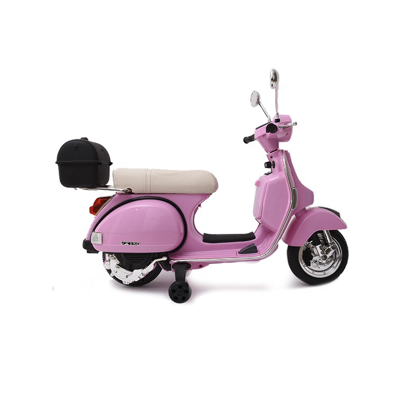 Scooter infantil elétrica cor-de-rosa com assento bege e mala preta