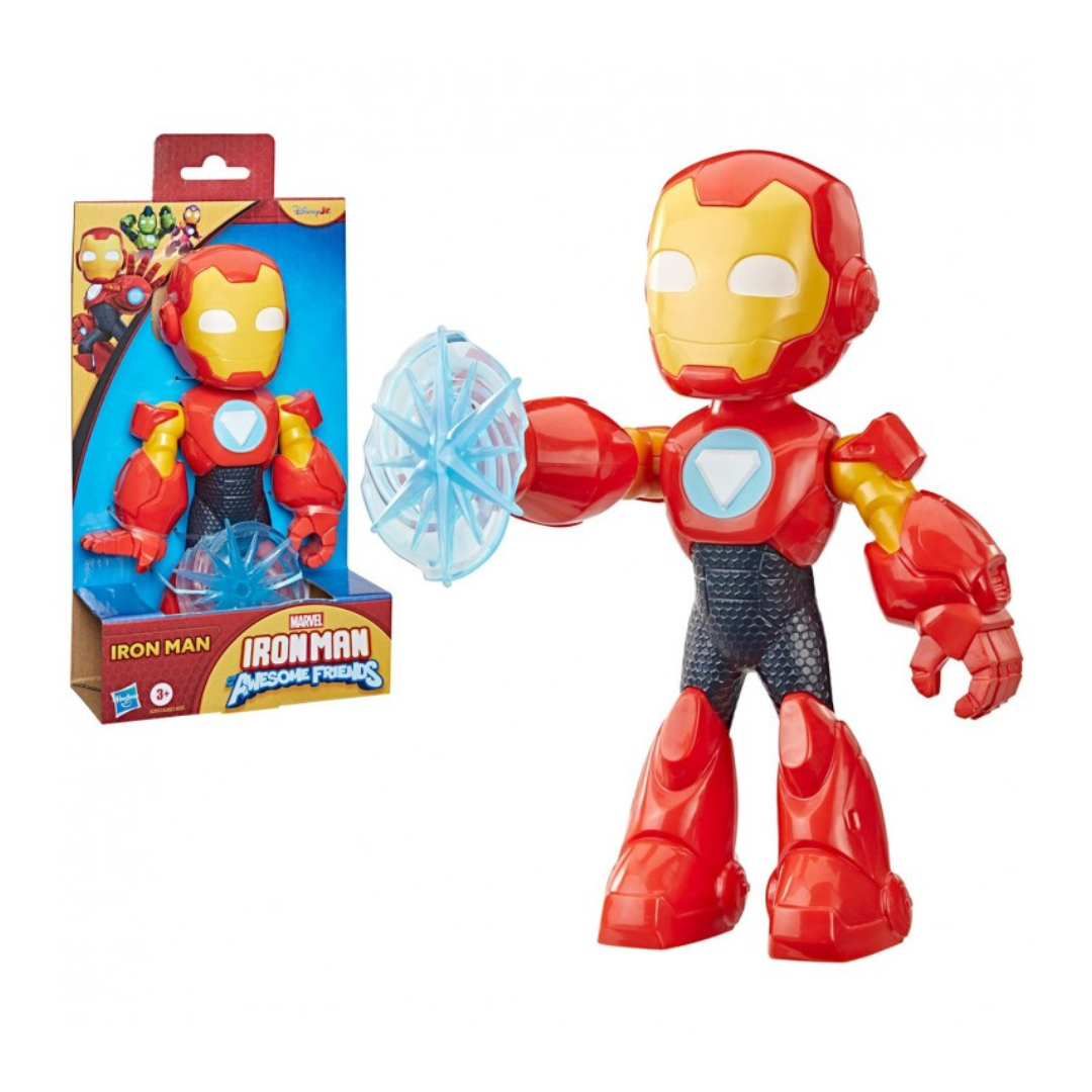 Boneco Iron Man vermelho, amarelo e preto com acessório azul, em caixa com texto Marvel Iron Man Awesome Friends.