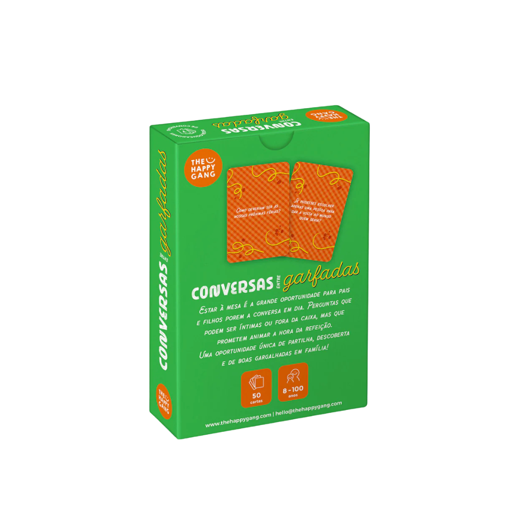 Caixa verde de jogo Conversas entre garfadas com texto e cartas visíveis