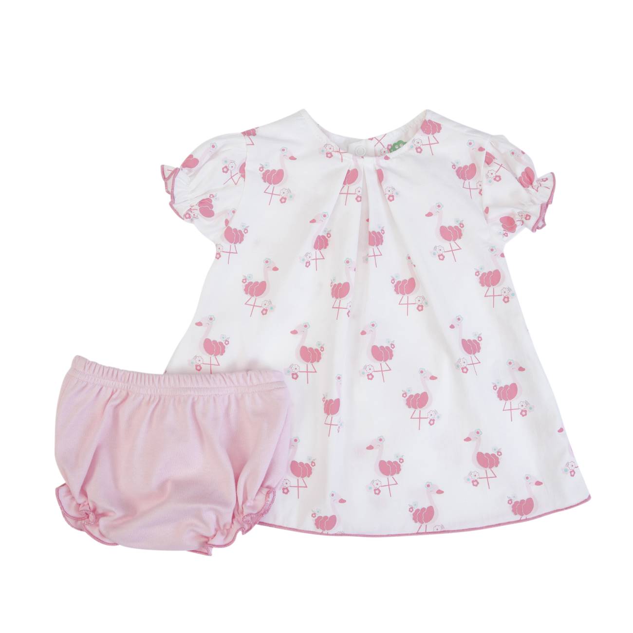 Conjunto de vestido branco com flamingos cor-de-rosa e calções cor-de-rosa para bebé