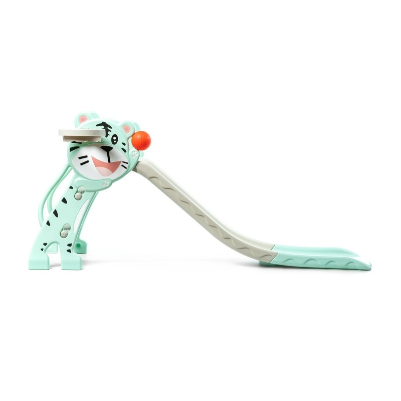 Escorrega infantil de plástico verde-água em forma de tigre