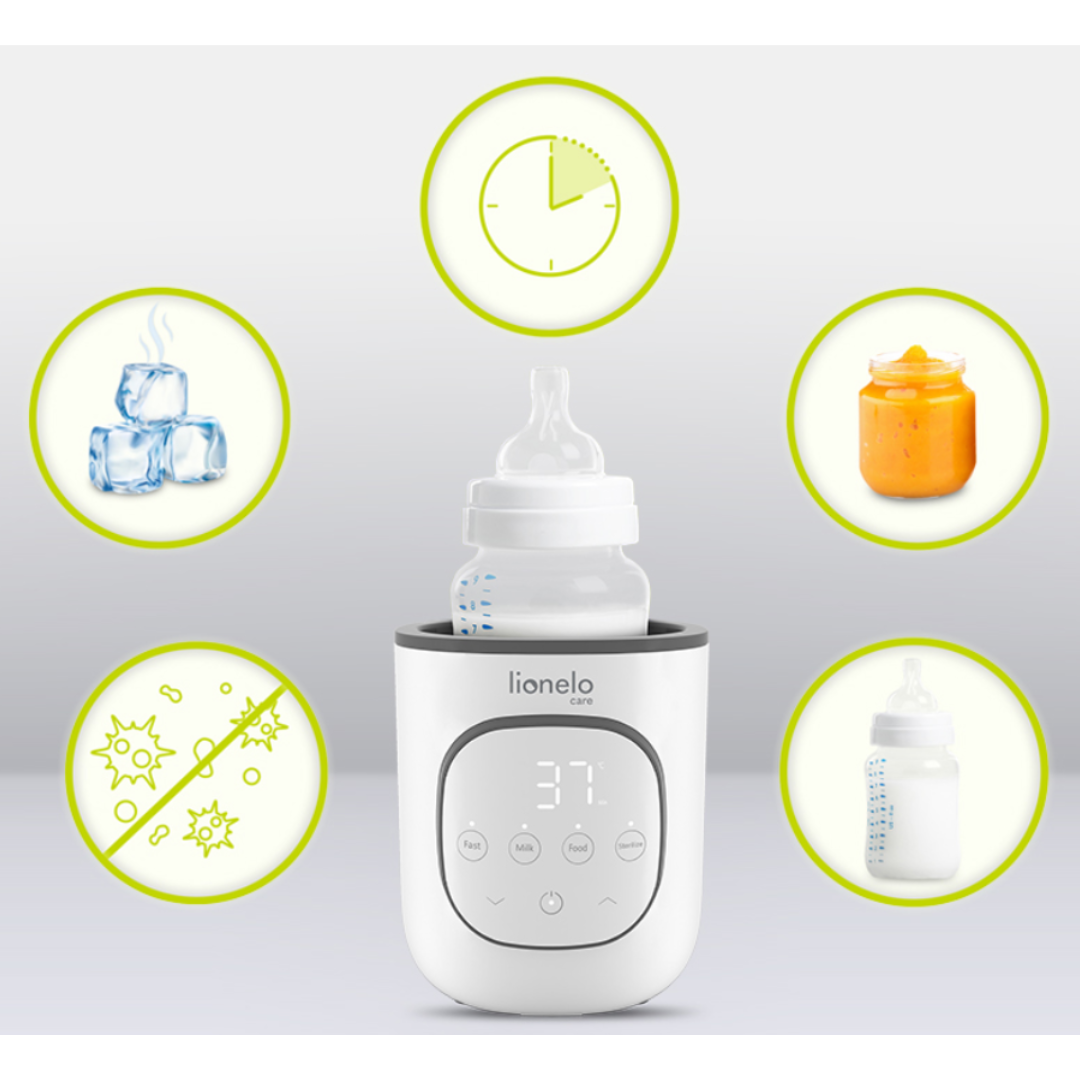 Aquecedor de biberão digital branco Lionelo Care com ícones ilustrativos ao redor