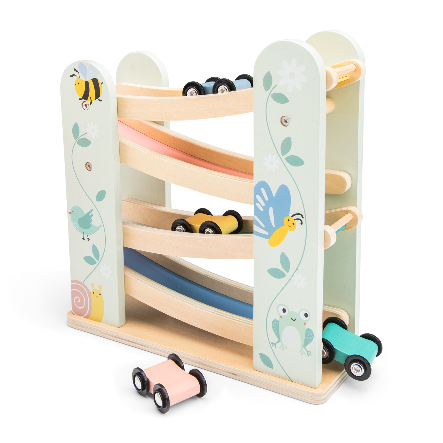Brinquedo de madeira com pista para carrinhos coloridos e decoração de animais e flores