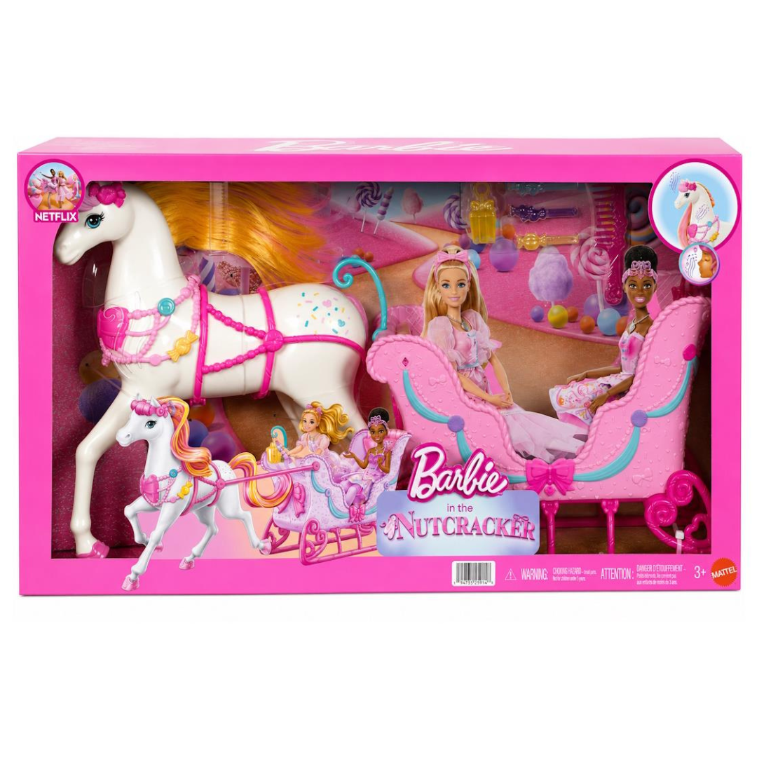 Conjunto Barbie in the Nutcracker com bonecas, cavalo branco e trenó cor-de-rosa