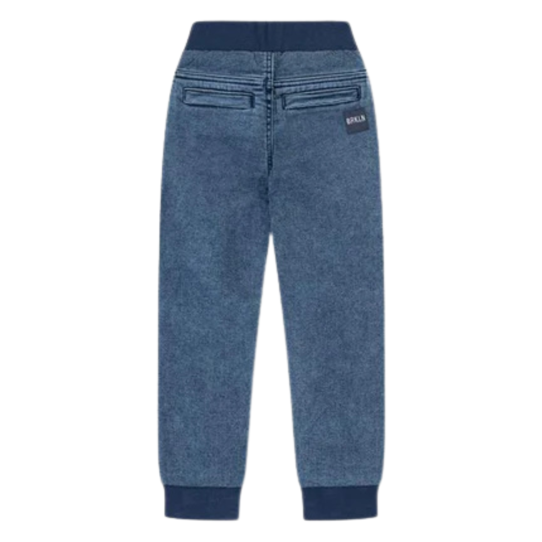 Calças de criança azul com cós e punhos elásticos azuis escuros e bolsos atrás