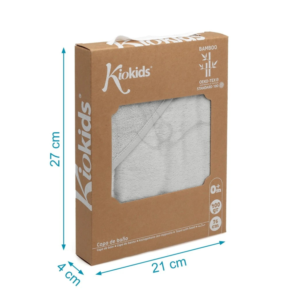 Capa de banho bebé Kiokids cinzenta em embalagem de cartão com janela