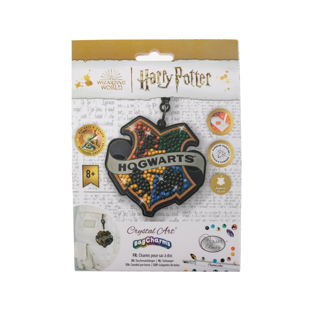 Chaveiro Harry Potter com brasão Hogwarts em embalagem branca com texto