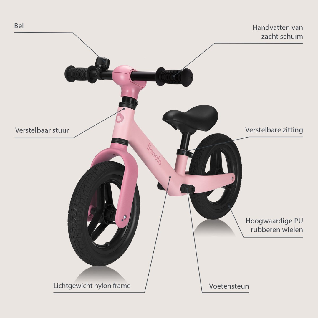 Bicicleta de equilíbrio rosa para crianças com várias partes destacadas