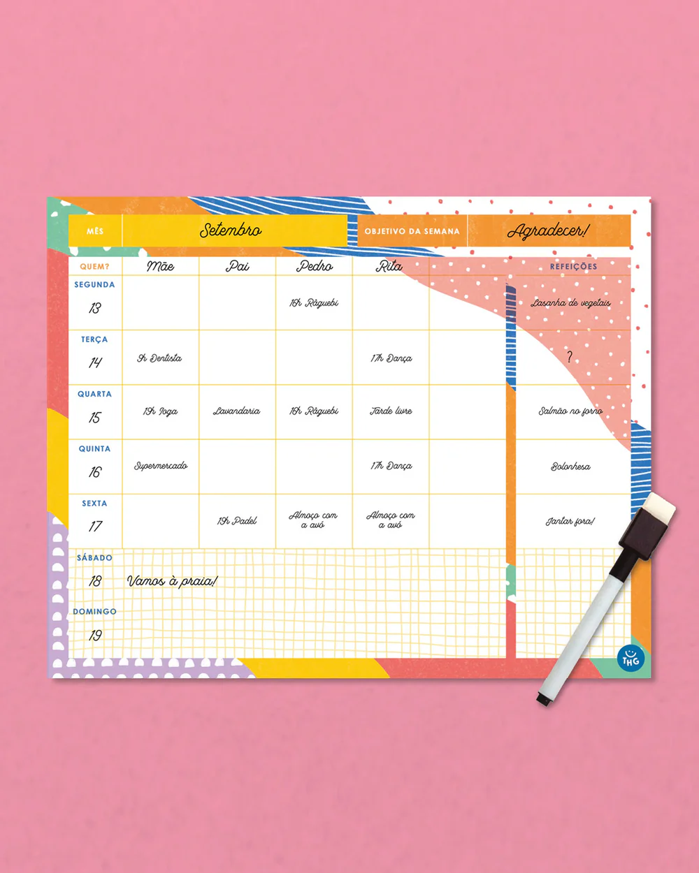 Calendário semanal de planeamento familiar colorido com caneta de quadro branco