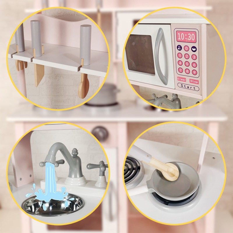 Mini cozinha de brinquedo branca com micro-ondas, fogão, pia e utensílios