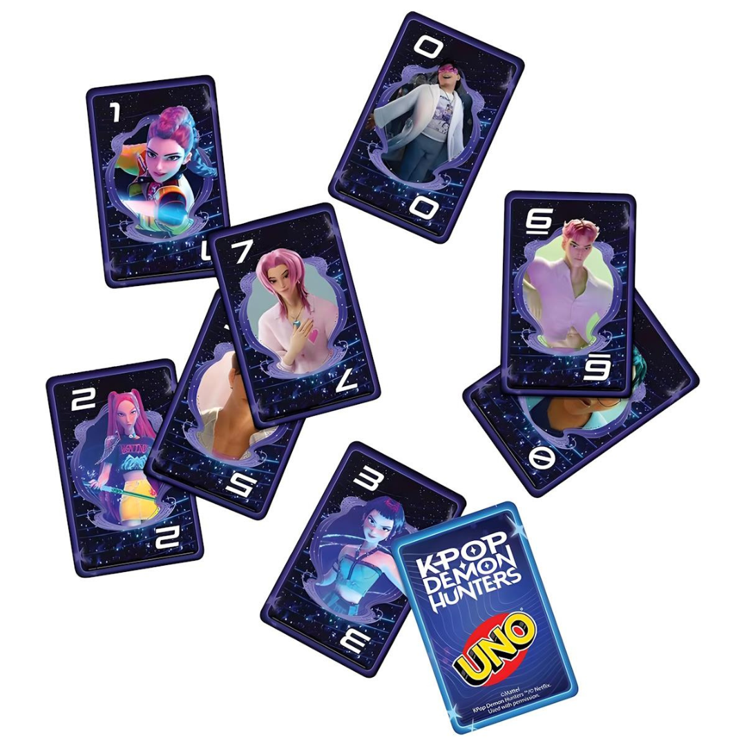 Cartas de jogo KPOP DEMON HUNTERS UNO com personagens animados e números