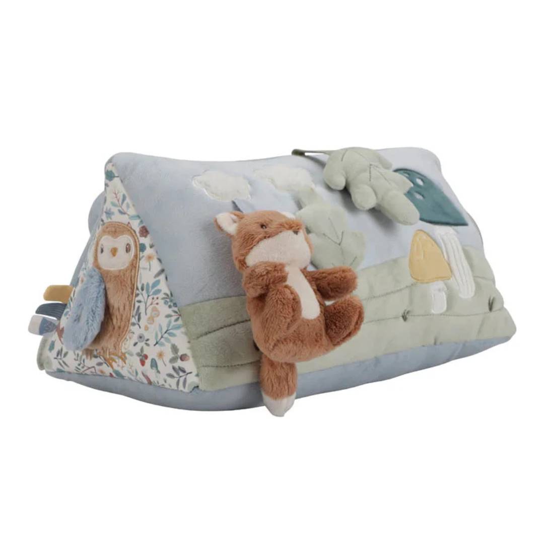 Almofada triangular infantil com raposa e coruja em pelúcia e detalhe de cogumelos