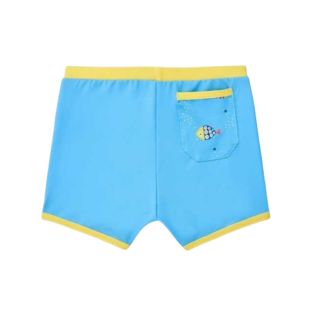 Calções de banho azuis com elástico e detalhe amarelo e bolso com desenho de peixe