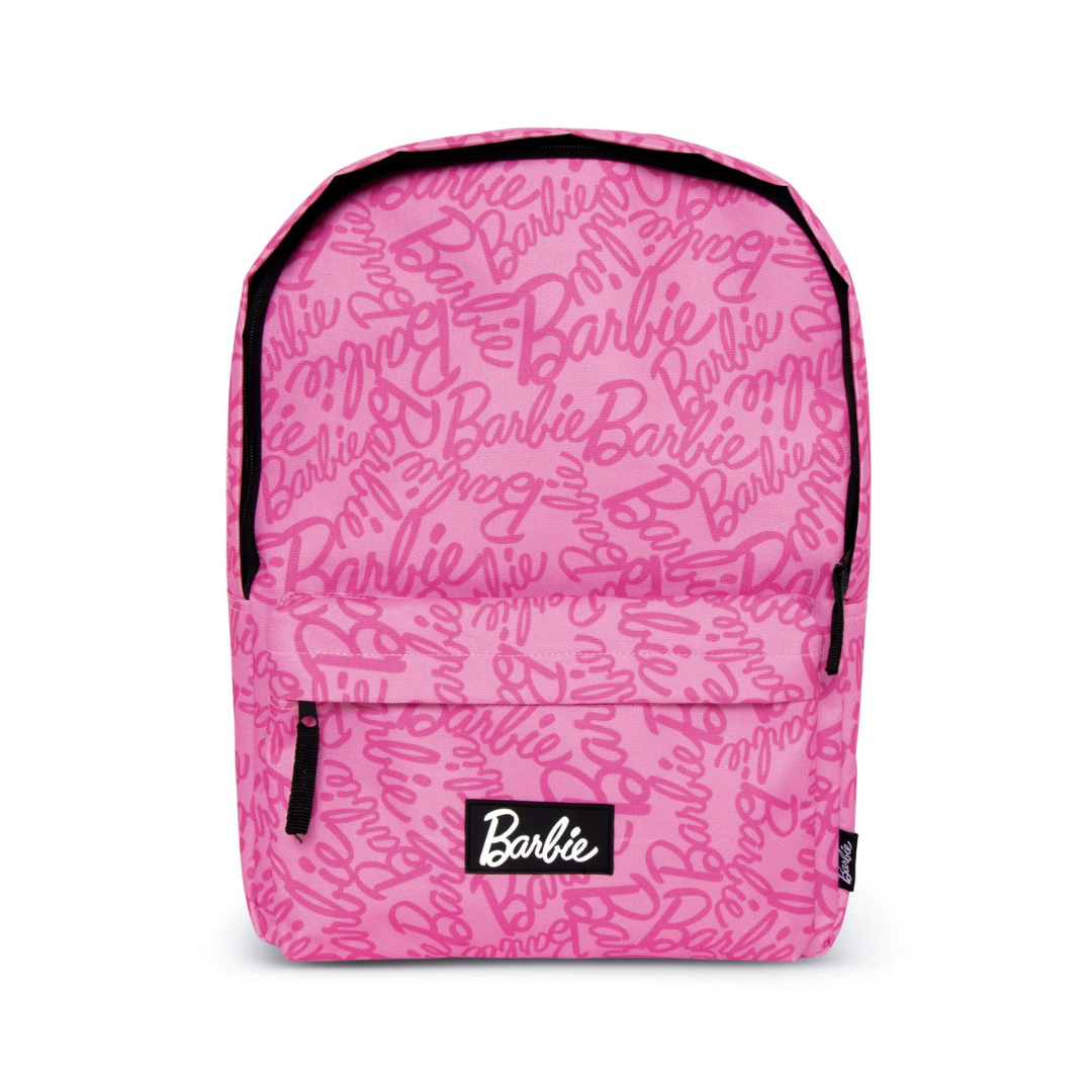 Mochila rosa com padrão Barbie e bolso frontal com fecho