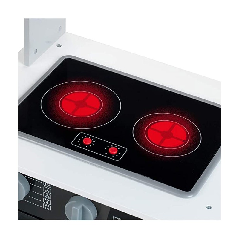 Placa de fogão elétrica preta com duas bocas e botões vermelhos sobre base branca