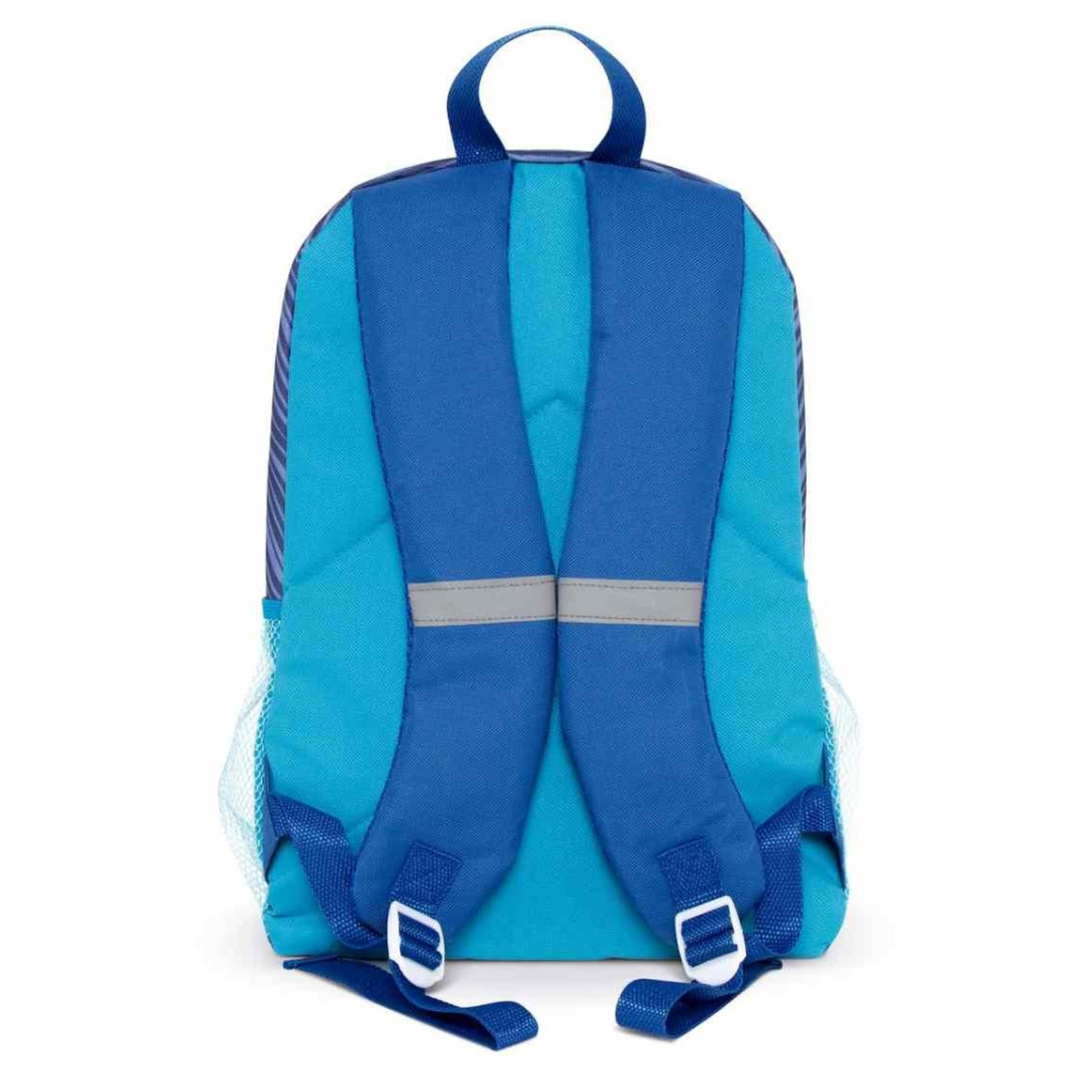 Mochila azul e turquesa vista de trás