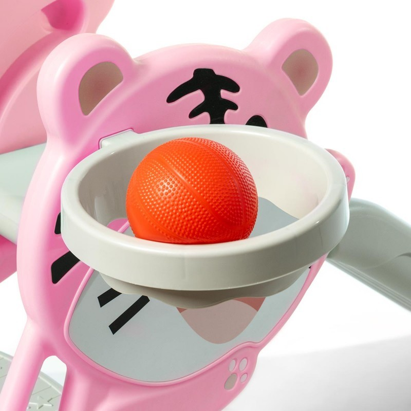 Brinquedo infantil tigre rosa com cesto de basquetebol e bola laranja