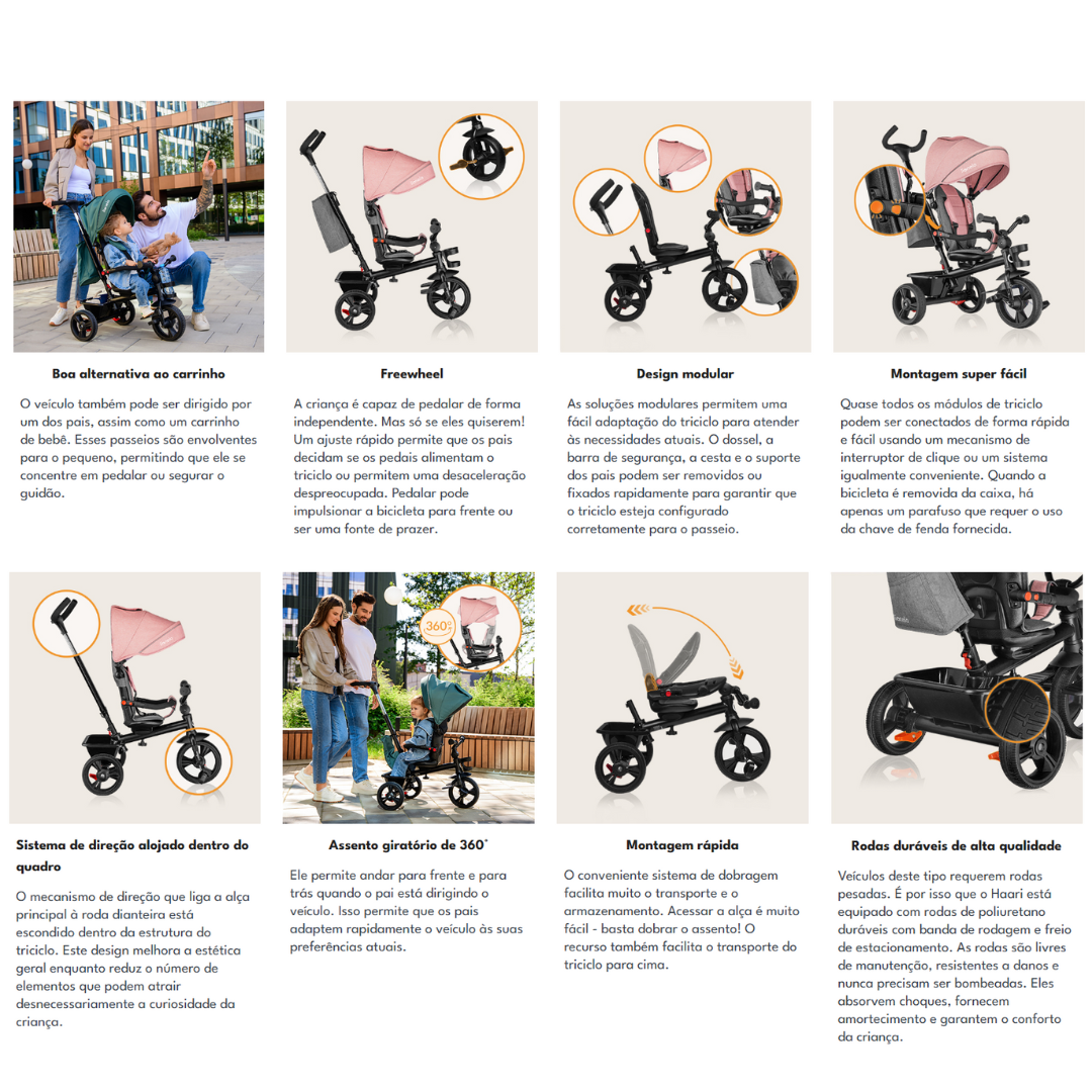 Carrinho de bebé preto com assento rosa e rodas pretas com detalhes laranja, mostrando várias funcionalidades e usos.