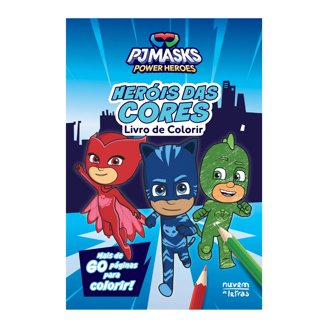 Capa do livro de colorir PJ Masks com personagens e lápis de cor
