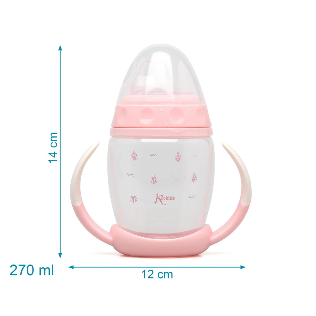 Biberão rosa e branco para bebé com pegas e design com pequenas árvores.