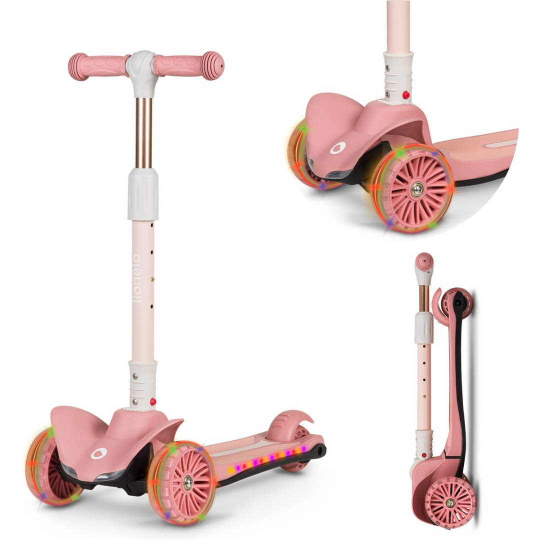 Trotinete infantil rosa com luzes LED e três rodas