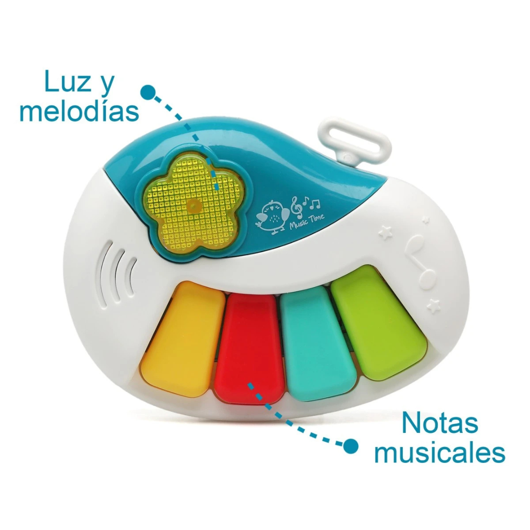 Brinquedo musical colorido com teclas e luz em forma de flor.
