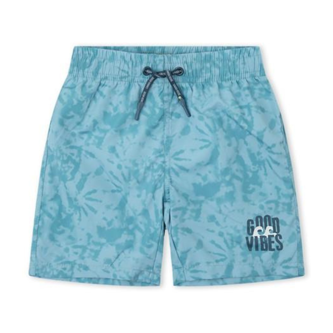 Calções de banho azuis tie-dye com cordão e texto GOOD VIBES