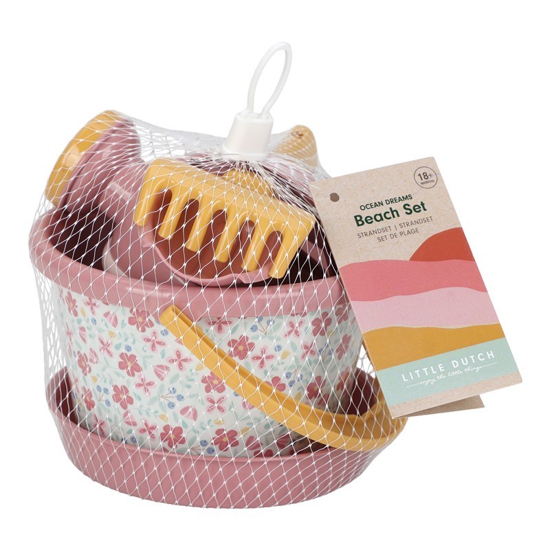 Conjunto de brinquedos de praia com balde florido e ancinho amarelo em rede branca