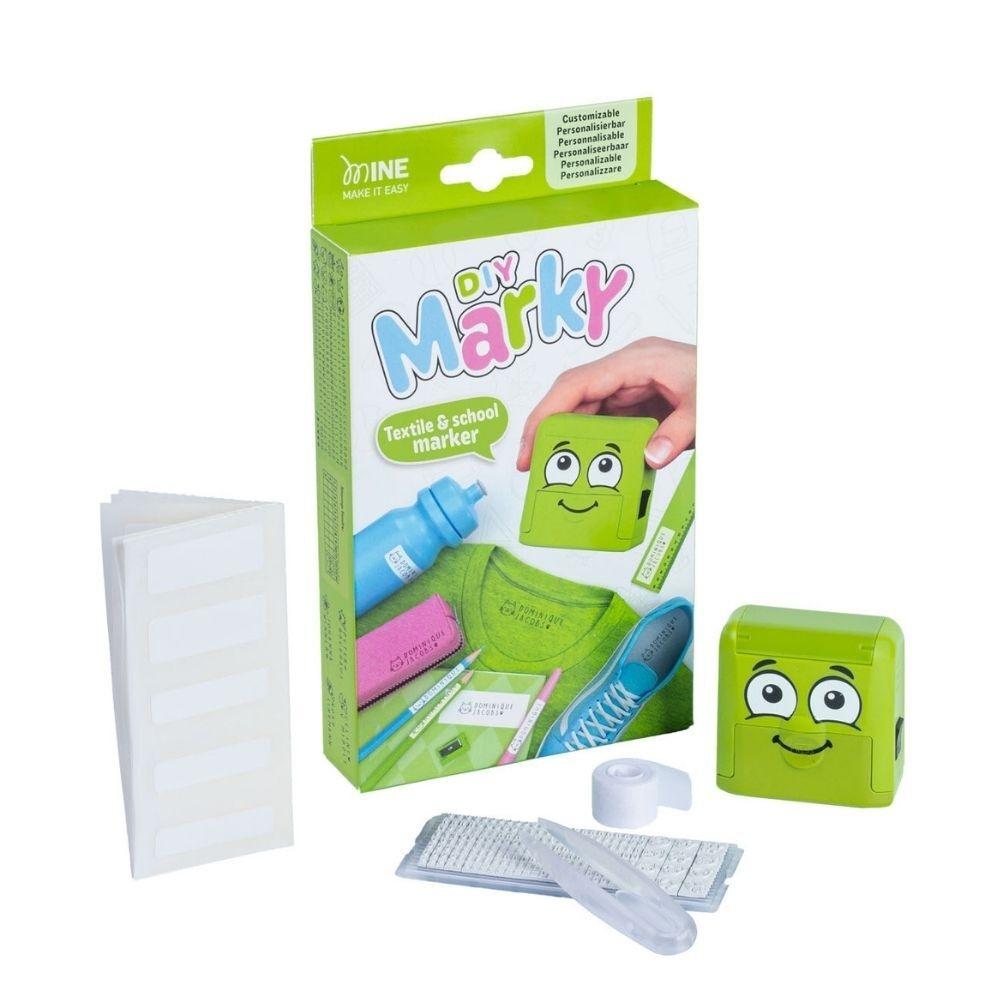Conjunto DIY Marky para marcar têxteis e material escolar, com carimbo verde sorridente e acessórios
