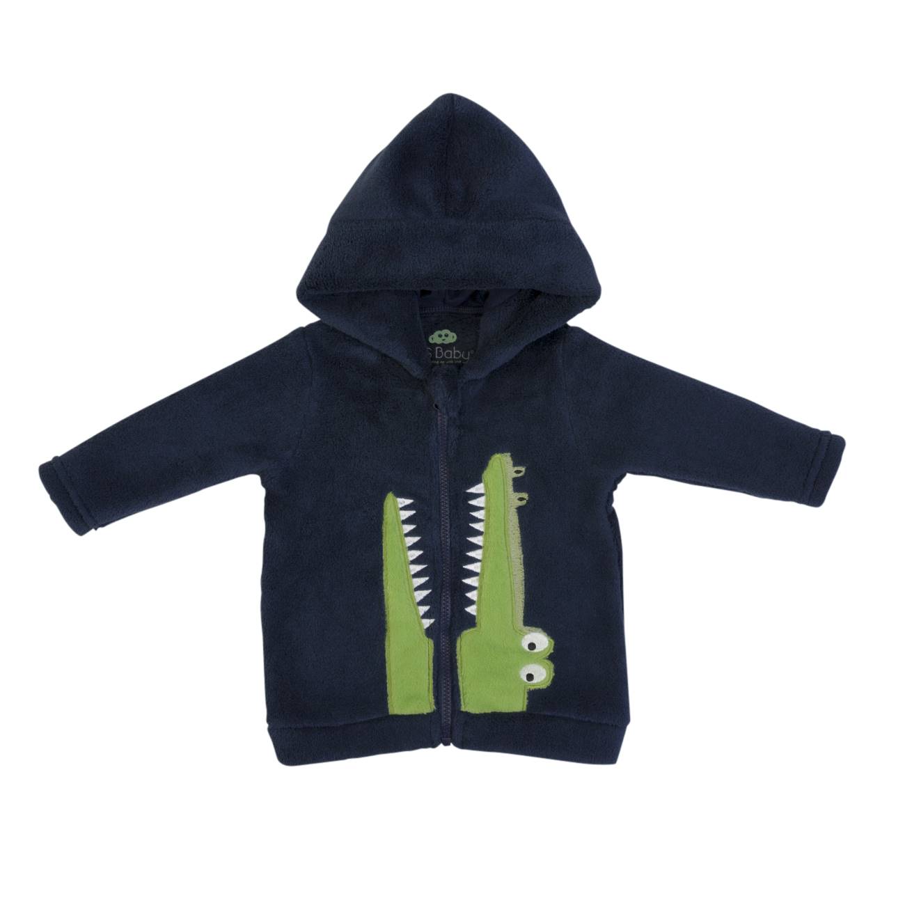 Casaco de criança azul com capuz e aplicação de crocodilo verde
