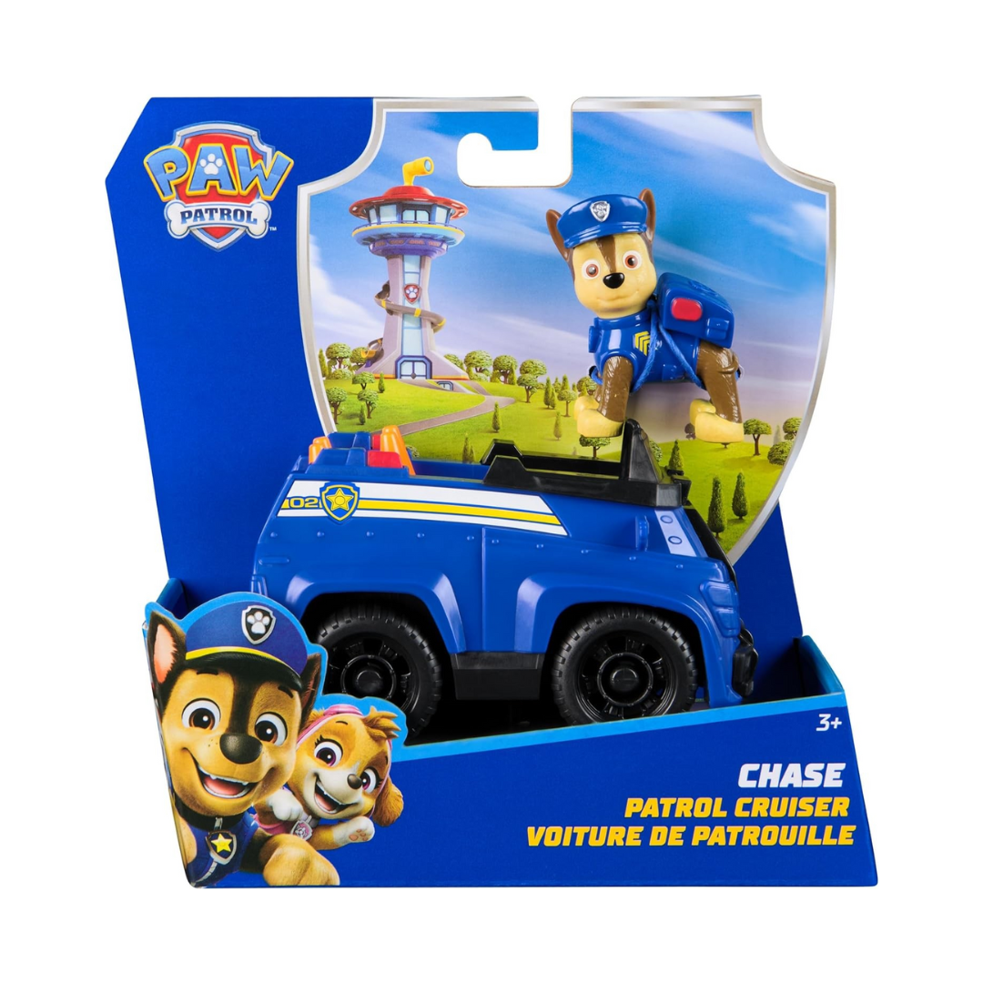 Brinquedo viatura azul Chase Patrol Cruiser com figura de cão em embalagem azul