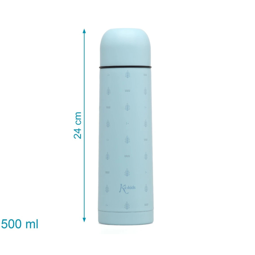 Garrafa térmica azul clara com padrão de folhas e ondas e logótipo Kiokids