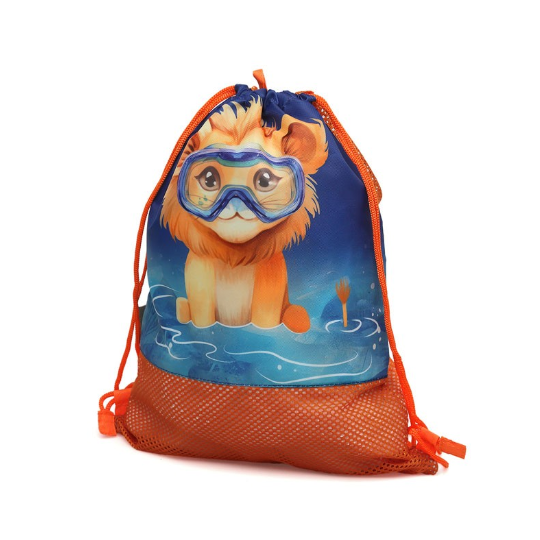 Mochila saco azul e laranja com estampa de leão bebé cartoon e base em malha laranja
