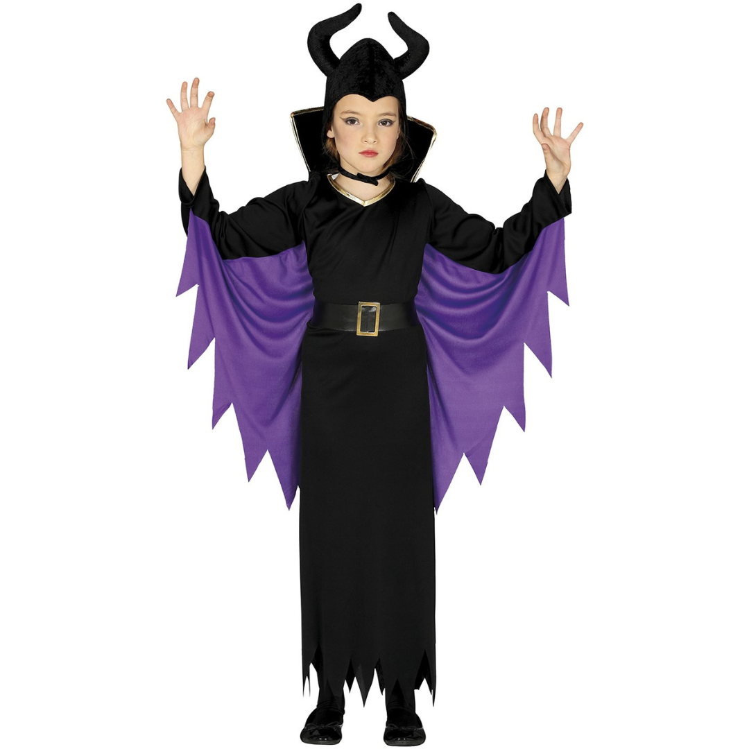 Fato infantil preto com capa roxa e capuz com chifres