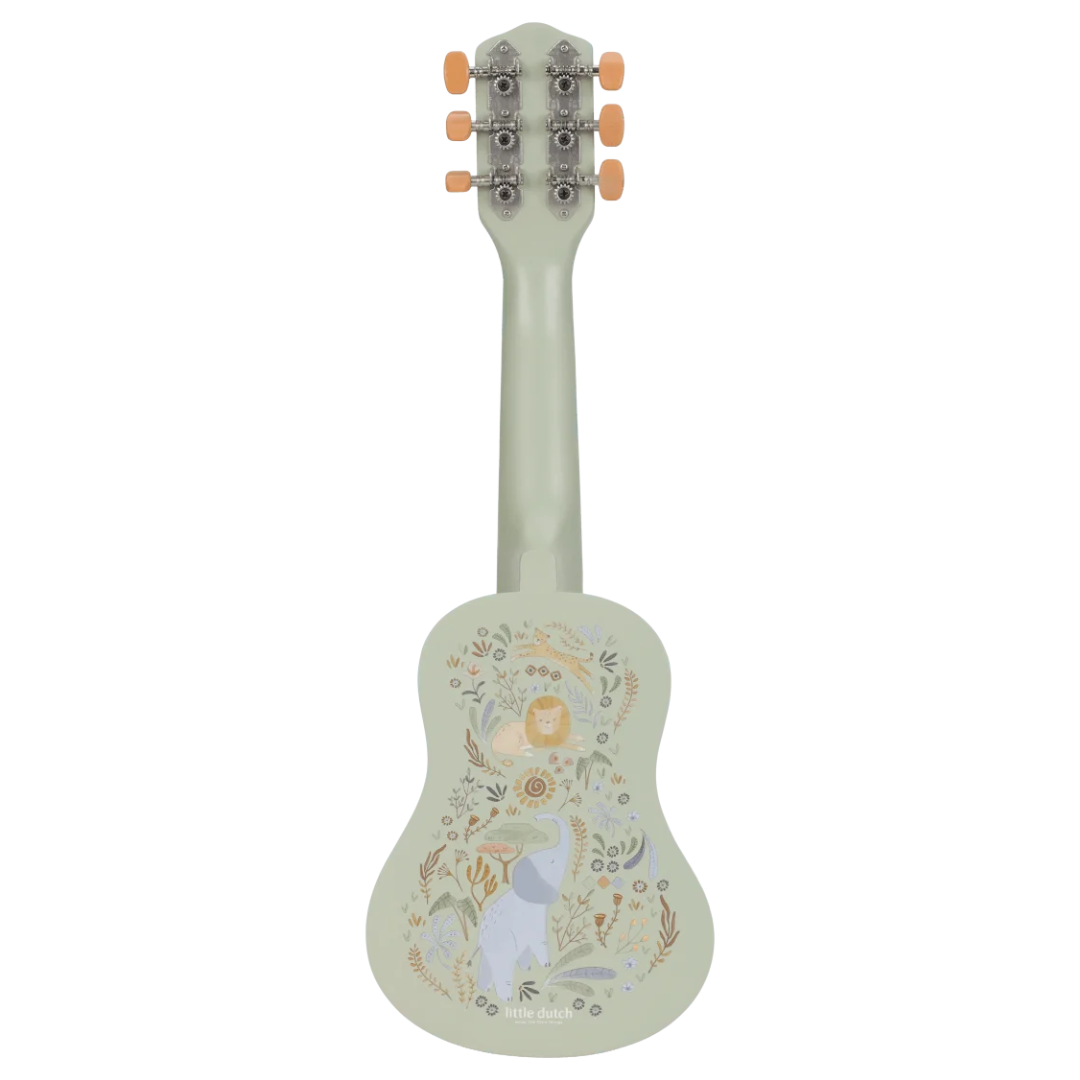 Guitarra infantil verde claro com desenhos de animais e plantas