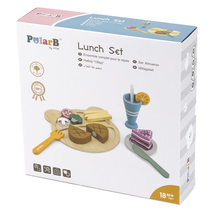 Caixa de conjunto de brinquedo para lanche com peças de madeira e copo azul