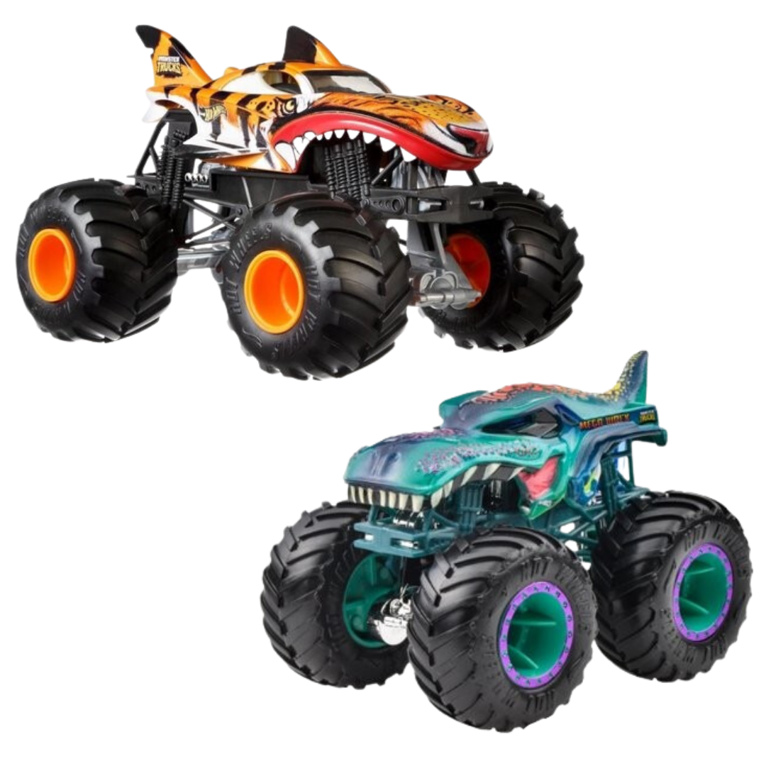 dois carrinhos monster truck infantis com design de tubarão, um laranja e outro azul verde