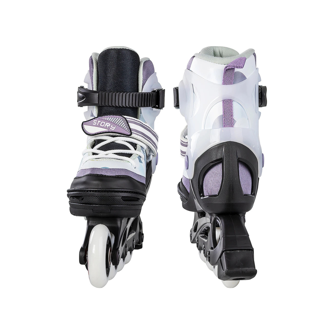 Patins em linha com rodas brancas e detalhes lilás