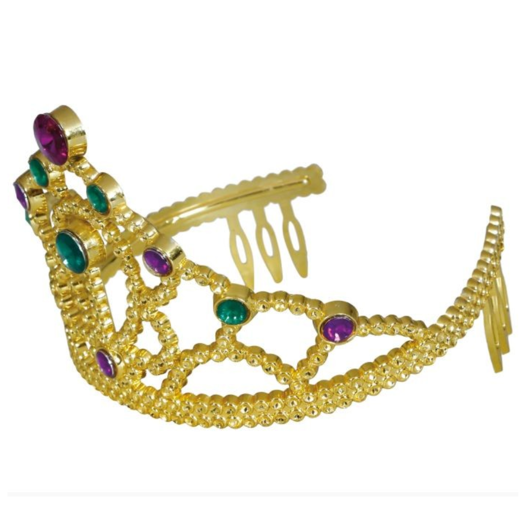 Tiara dourada com pedras verdes e roxas com fundo branco