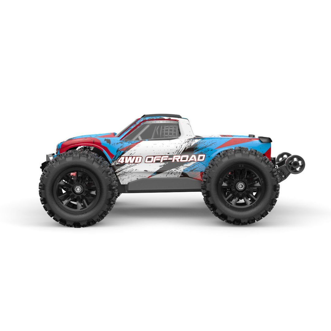 Carrinha RC 4WD OFF-ROAD azul, branco e vermelho com pneus grandes de borracha
