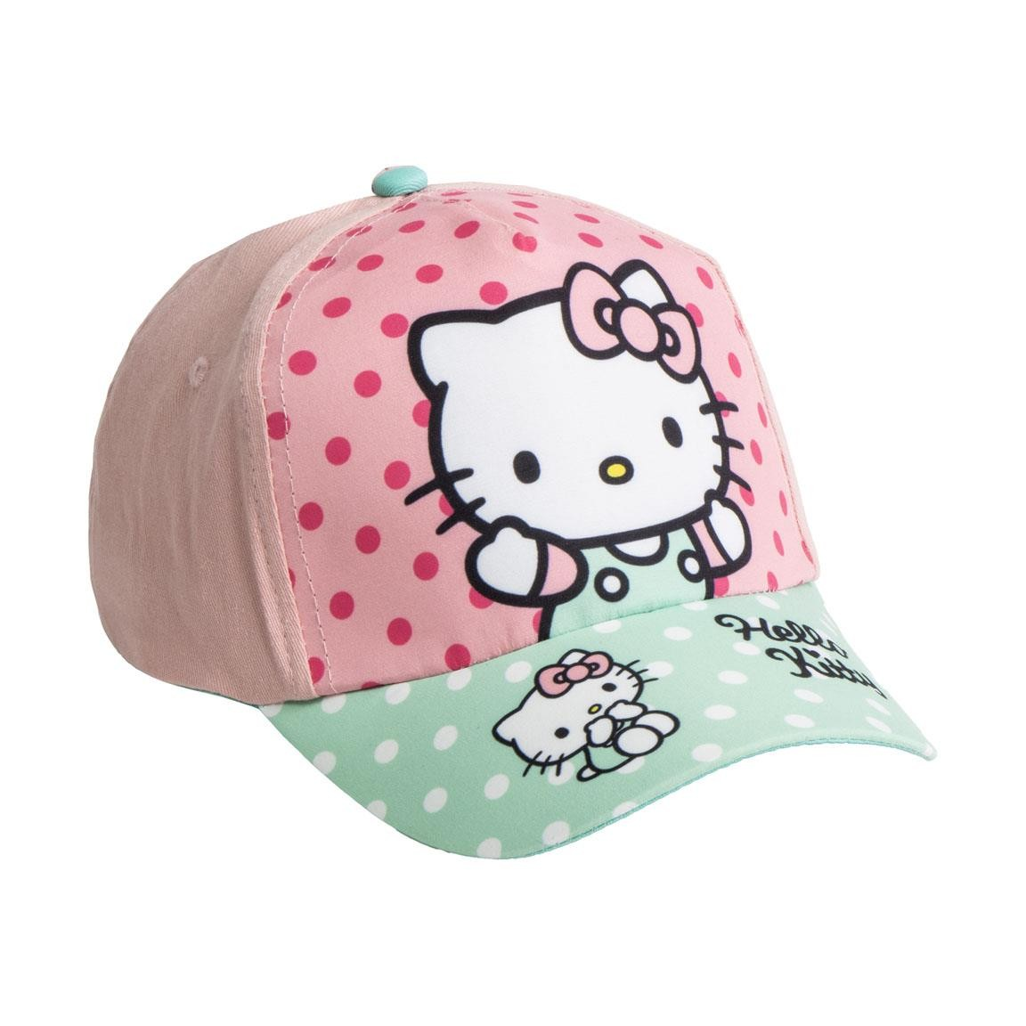 Boné infantil rosa e verde com estampa Hello Kitty e padrões de bolinhas