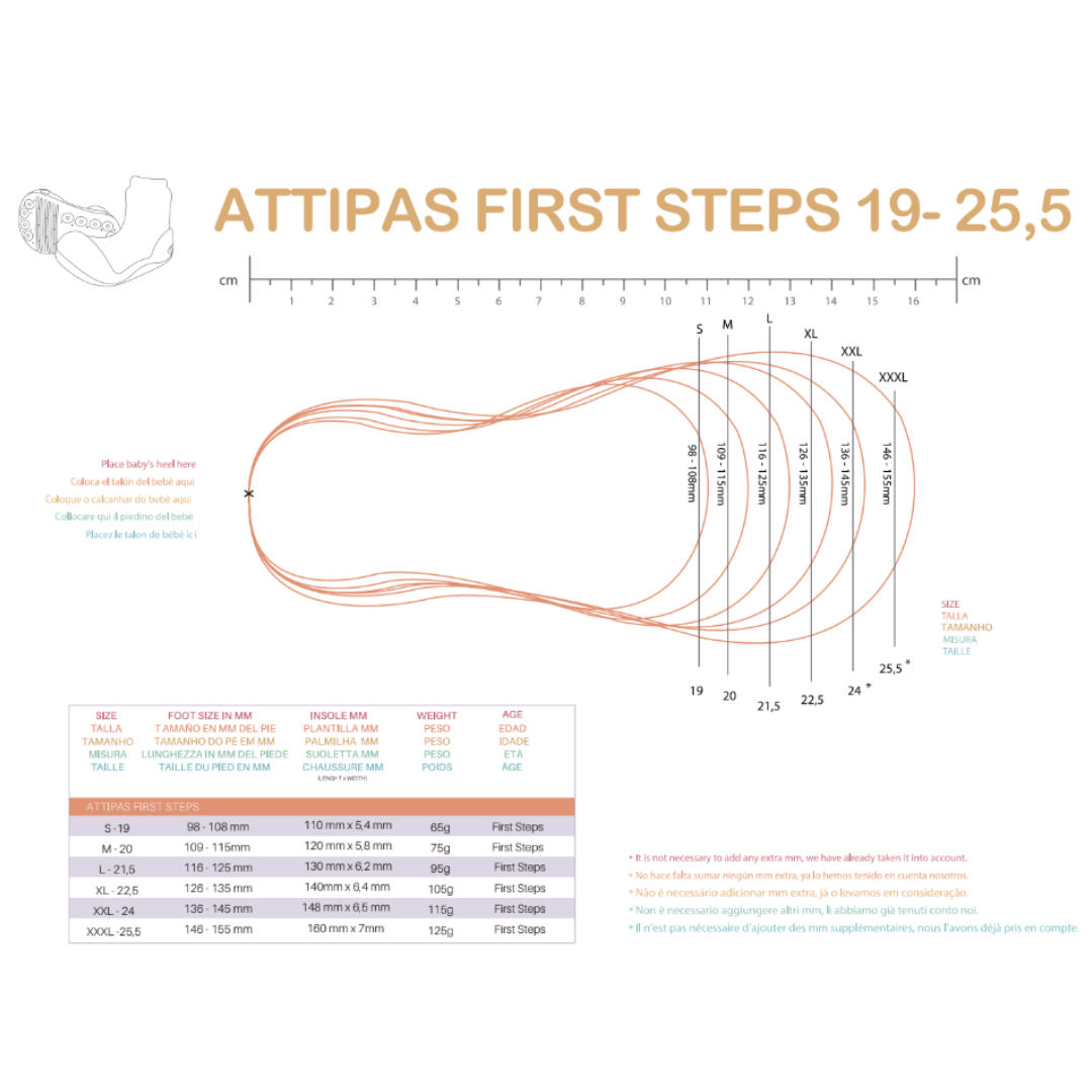 Tabela de tamanhos de calçado Attipas First Steps com medidas e peso, de 19 a 25,5 cm