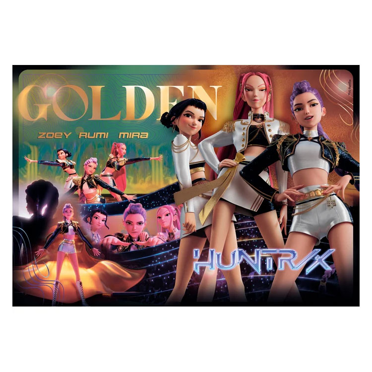 Personagens animadas femininas em roupas modernas com texto Golden, Zoey Rumi Mira, Huntr X