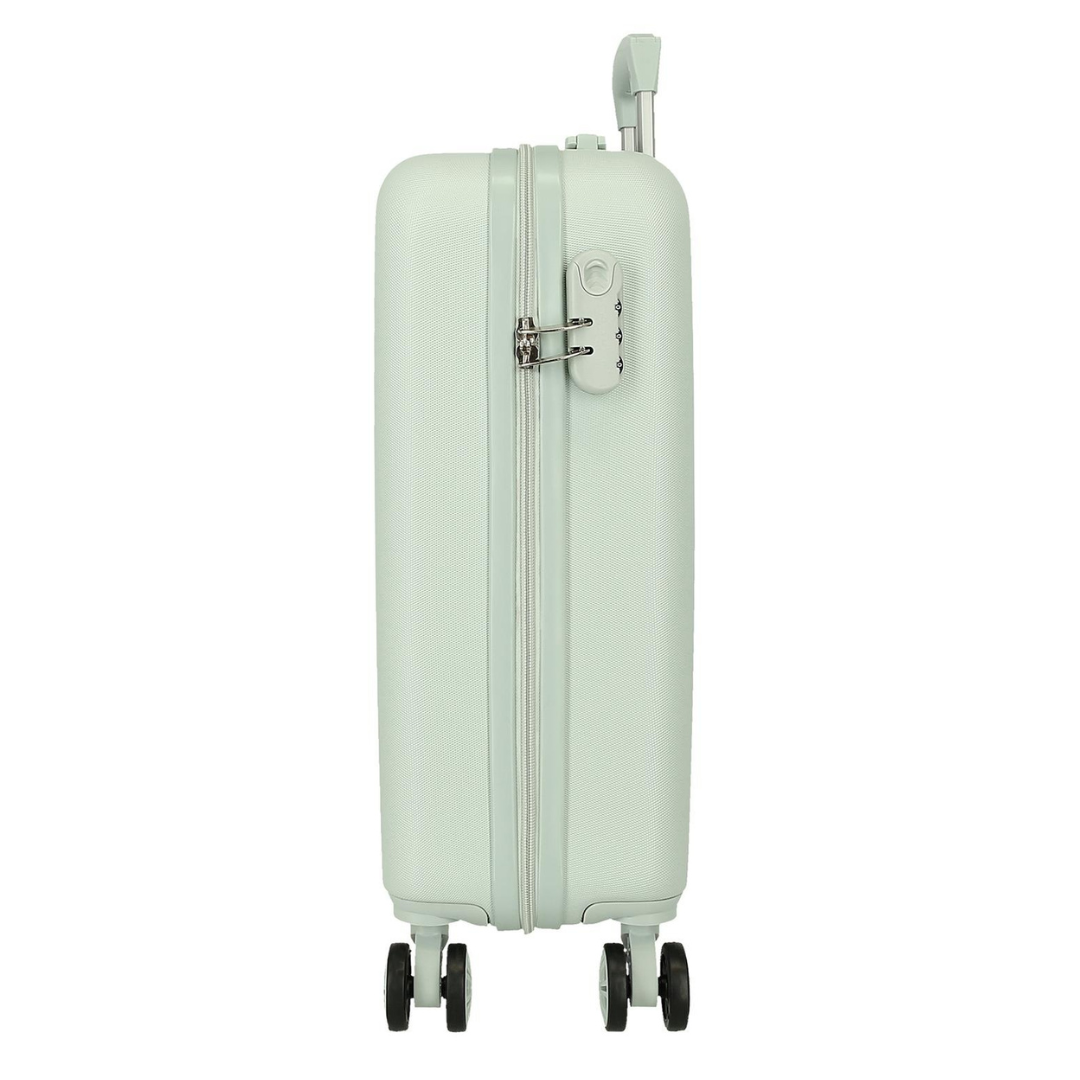 Mala rígida verde claro com rodas e fecho combinado vista de perfil