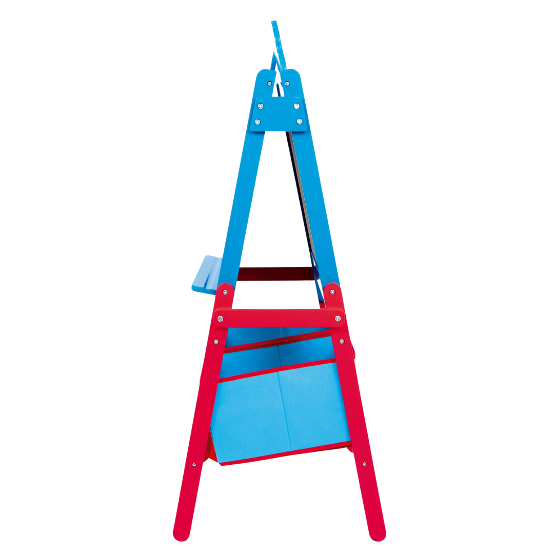 Cavalete de madeira azul e vermelho com prateleira e bolso em tecido azul