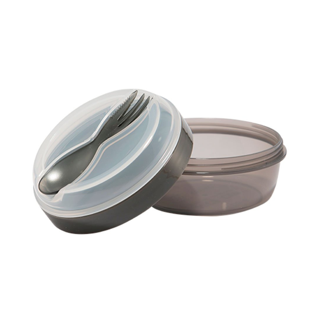 Recipiente redondo com tampa e talheres integrados